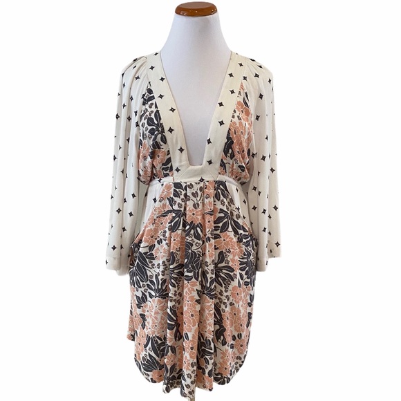 Free People Cream Floral Kimono Sleeve Boho Dress - Picture 1 of 7